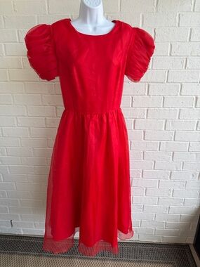 VTG Pantagis Red Puff Sleeve Midi Dress Deep V Back & Zip, Shoulder Pads Size 14